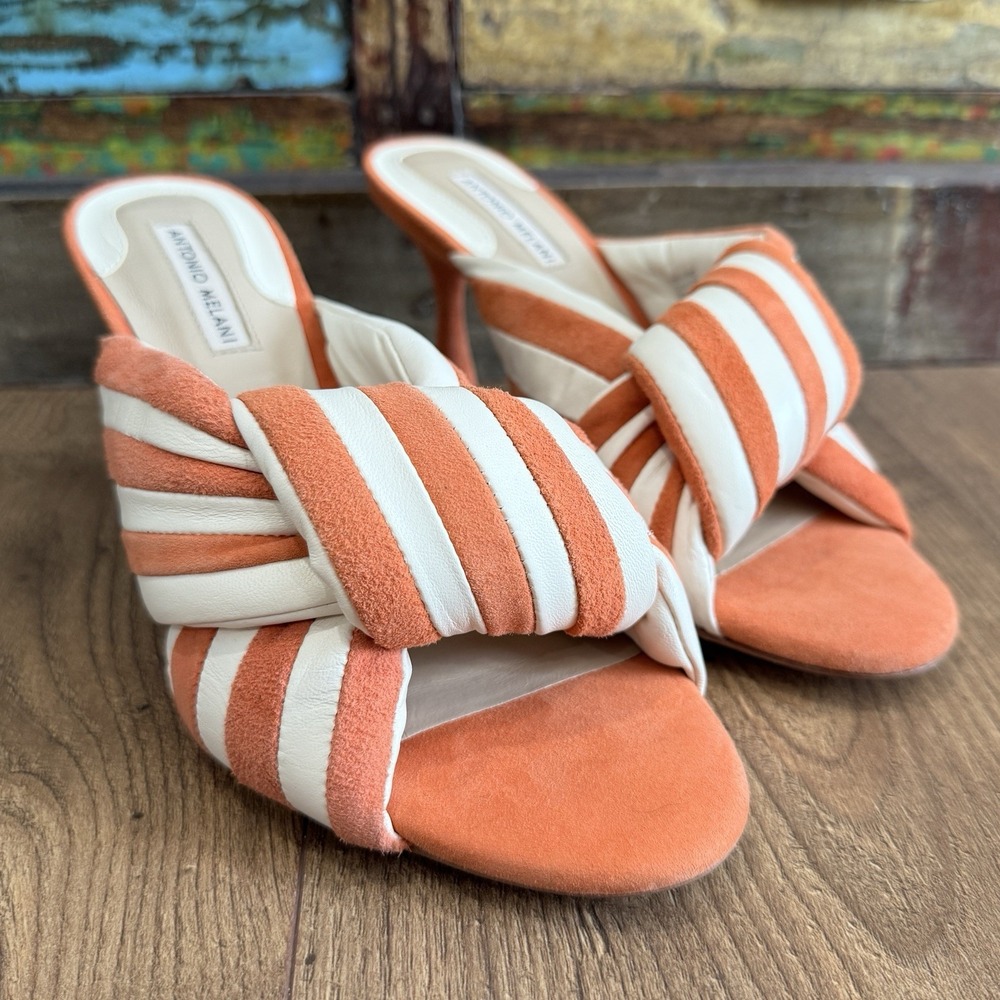 Antonio Melani Mules Sz 8.5 M Leather Heel Sandals Open Toe Stripe Joelie Orange